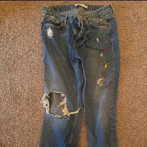 Zara Distressed Blue Skinny Jeans with Colorful Embroidery
